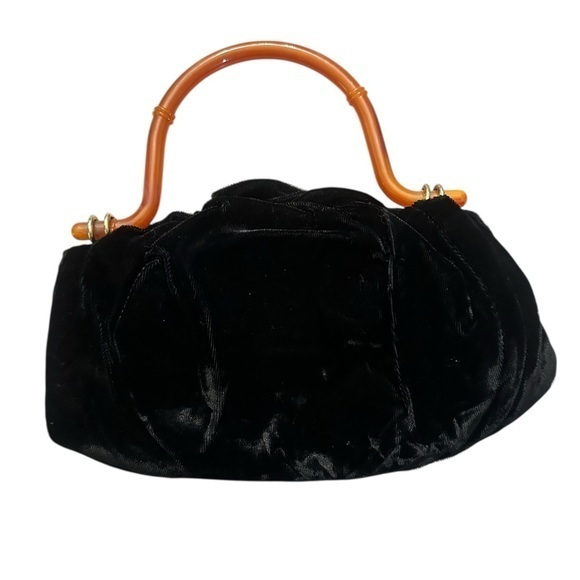 Handbags - Vtg Velvet Evening Handbag with Bakelite Handle - Black - Kiss Lock